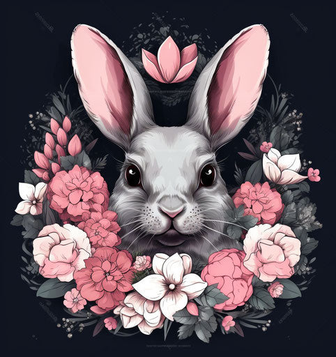 Black rabbit with flower tattoo in realistic chiaroscuro