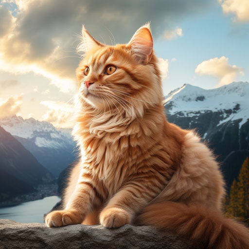 Orange cat sitting in front of mountain scenery
