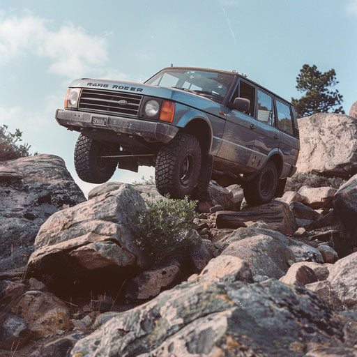Modified off-road vehicle climbing large rocks