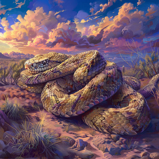 Coiled rattlesnake in a desert, vibrant and detailed