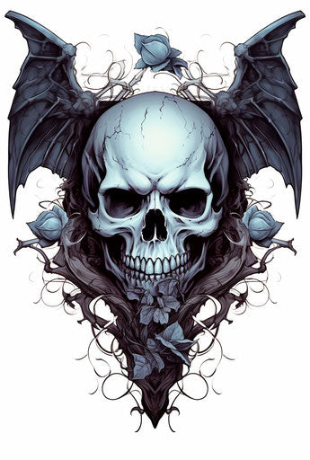 Tattoo patterns of a skull and a bat, fantasy realism style, high resolution 51:76