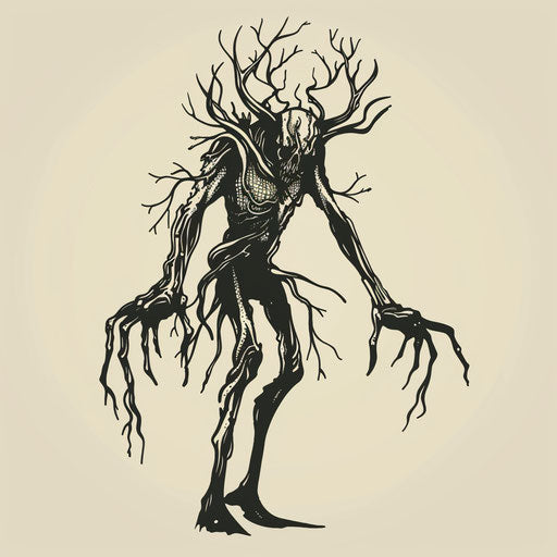 Flat tattoo sketch of a Wendigo with elongated limbs