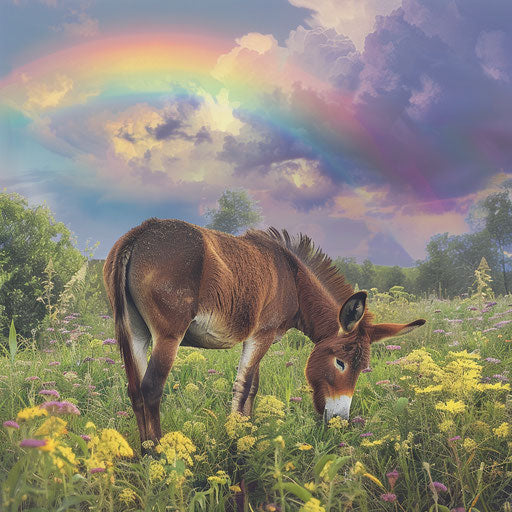 Donkey foraging in a lush green field with a rainbow in the background