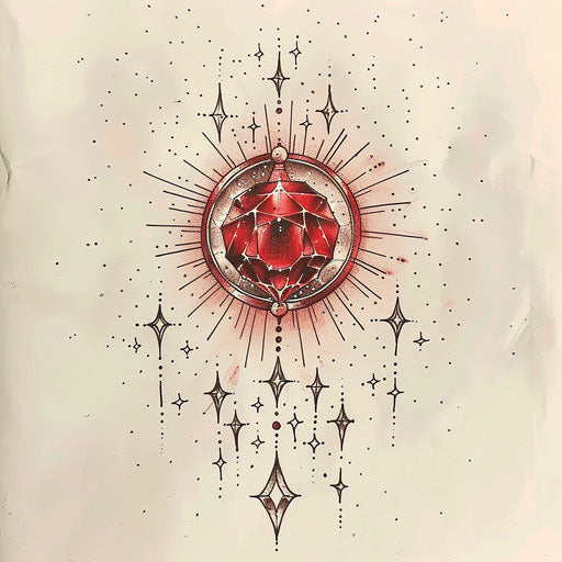 Celestial tattoo sketch of a ruby with a halo of stars in clipart style