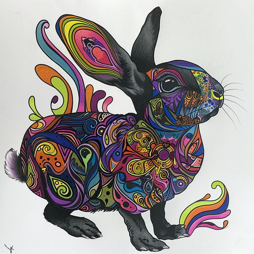 Black rabbit with flat tattoo sketches and vibrant colors