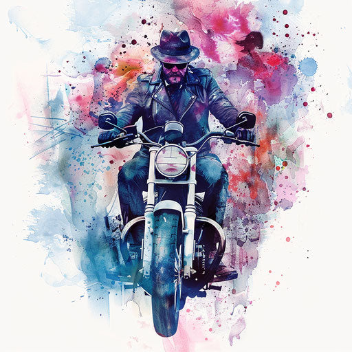 Watercolor gangster classic motorcycle tattoo on white back