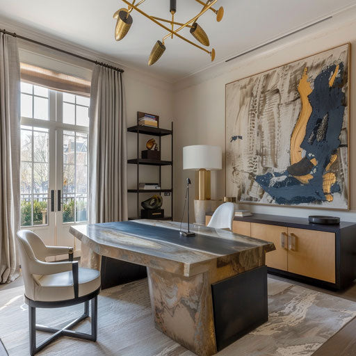Stylish home office with designer furniture and abstract art