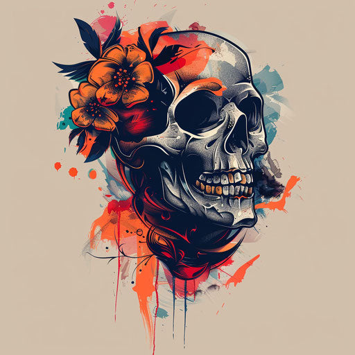 Bold flat sketch of a Calavera with dramatic high contrast colors and shading