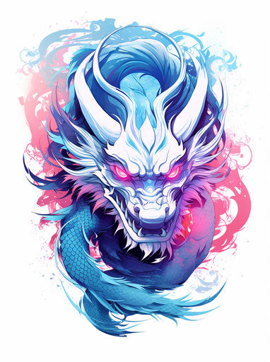Korean dragon design on white background, dark azure and pink