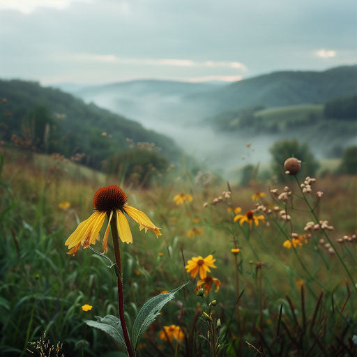 Mystery of misty hills with yellow coneflower