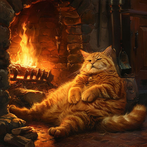 Fatcat in front of a fire in a fireplace