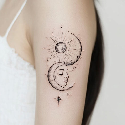 Flat upper arm tattoo sketch for women with sun and moon