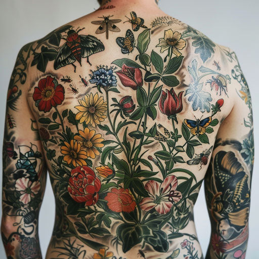 Botanical back tattoos for men with exotic flowers and insects
