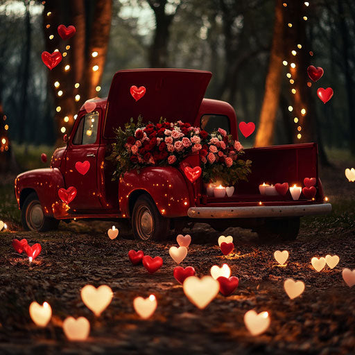 Vintage red truck filled with roses and heart-shaped balloons