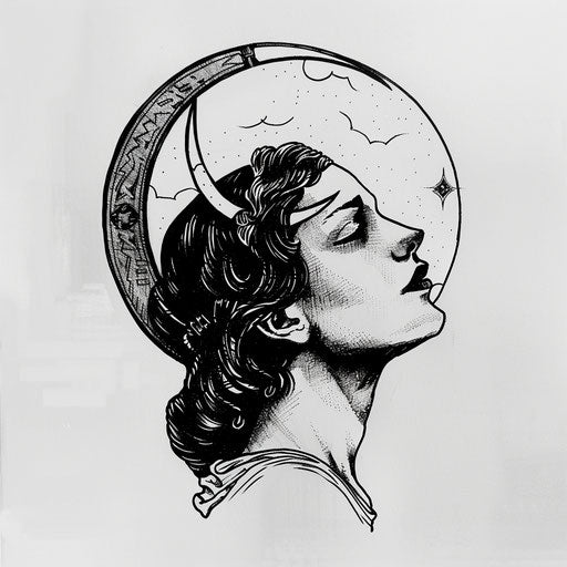 Flat tattoo sketch of Artemis with a moon phase above her head in a circular design