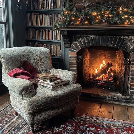 Cozy corner fireplace with armchair and Christmas books