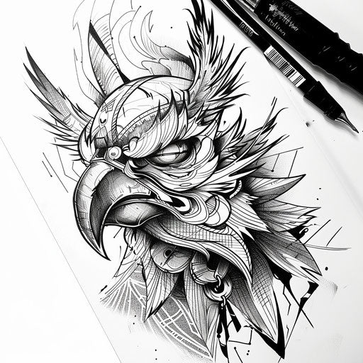 Graphic sketch of a Tengu with sharp lines and a modern look