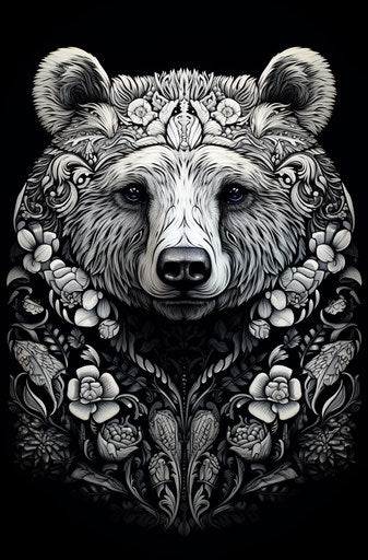 Bear shaped artwork, intricate black and white design