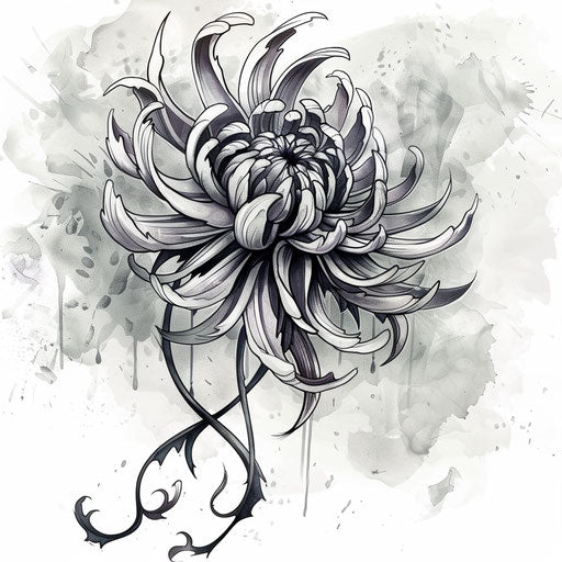 Gothic style tattoo design of a chrysanthemum with dark, moody colors and elaborate linework on a white background