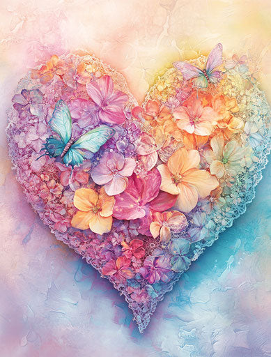 Colorful mandala heart with flowers and butterflies, soft pastel background