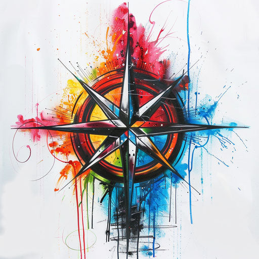 Graffiti-style tattoo sketch of a compass rose with bold spray paint effects and bright urban colors