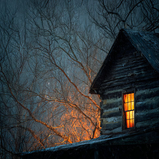 Old cabin glowing in an eerie atmosphere