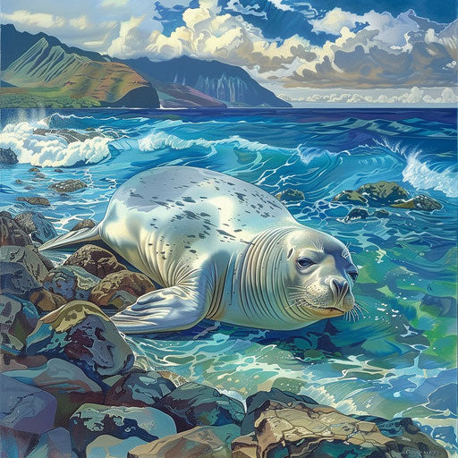 Hawaiian monk seal relaxing on rocky shore