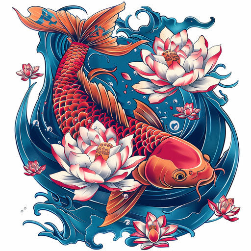 Traditional Japanese style tattoo of a koi and lotus flowers