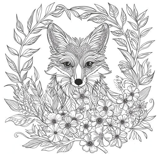 Whimsical fox surrounded by flowers and leaves
