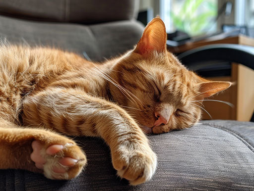 Bald cat in office chair, light orange and maroon style