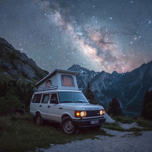 Luxury conversion of a 1993 Range Rover parked in a serene mountain camping spot with the Milky Way overhead