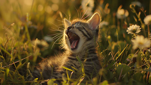 Tiny kitten yawning in grass, smilecore style, dreamy symbolism
