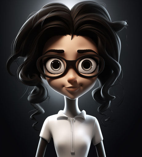Cartoon of a girl with glasses, dark white and black style, airbrush art