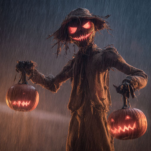 A terrifying scarecrow with glowing red eyes and grin