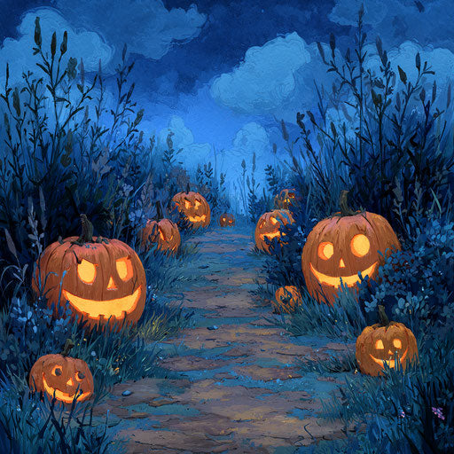 Path lined with glowing Halloween jack-o'-lanterns