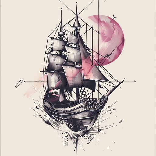 Futuristic tattoo sketch of a pirate ship with metallic shades and geometric shapes, in a modern clipart style