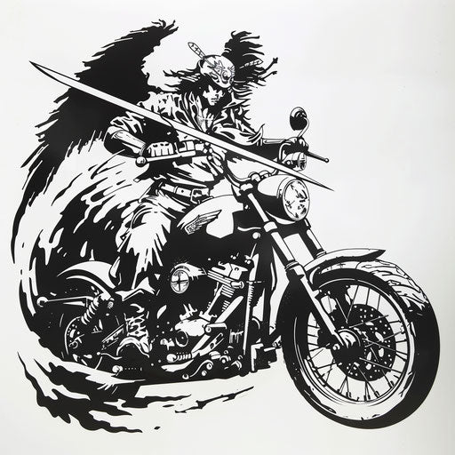 Japanese art style tattoo of Archangel Michael riding samurai motorcycle