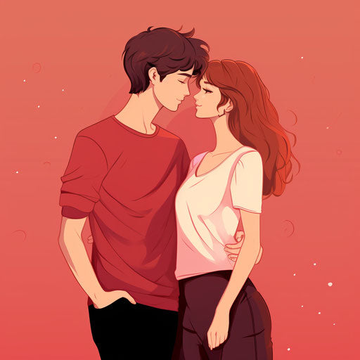 Cartoon couple kissing in light red and light maroon style