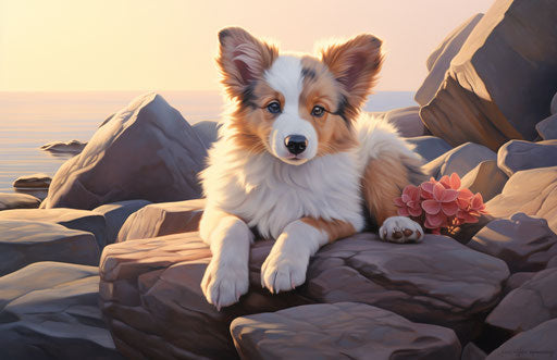 Puppy on rocks on a beach surrounded by rocks