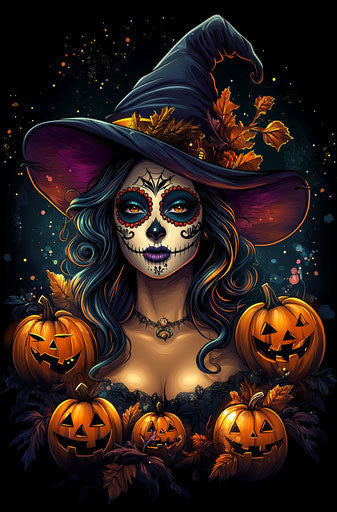 Woman with sugar skull makeup and witch hat