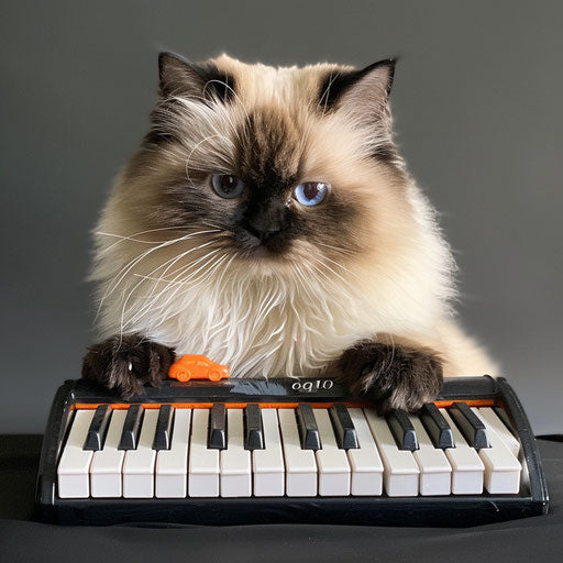 Himalayan cat playing with a small toy piano, playful