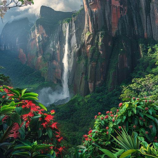 Angel Falls with lush greenery and exotic flowers