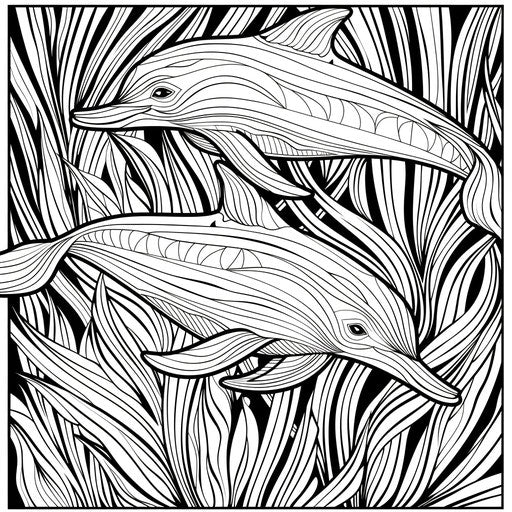 Abstract dolphins with bold lines in the style of a coloring book page