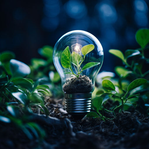 Nature-inspired image of a small light bulb with a green plant inside