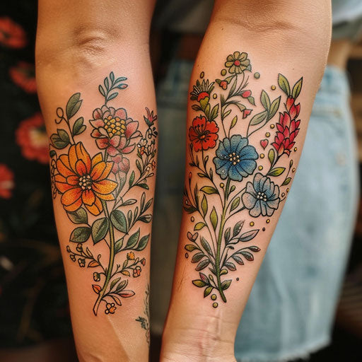 Sibling tattoos in the style of Maria Sibylla Merian with floral designs