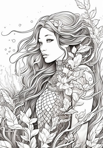 Coloring pages of a mermaid holding her tail, oriental style, pensive poses