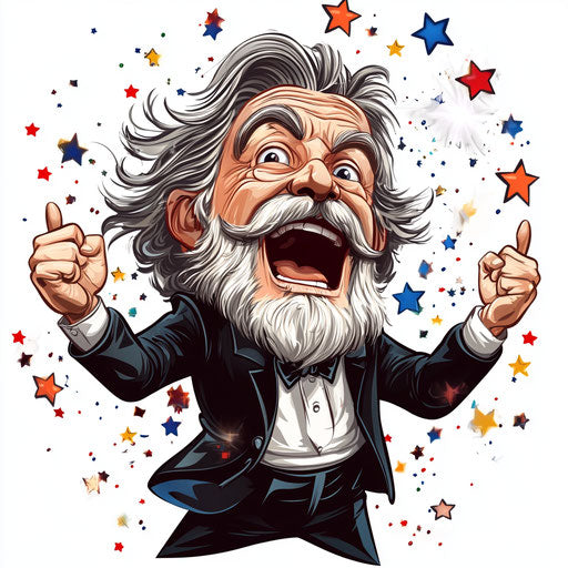 Humorous caricature of a Giuseppe Verdi clipart with human characteristics, exaggerated open mouth, muscular arms, surrounded by stars, vibrant colors, cartoon style, surprised, high-resolution, no background, isolated - c 40