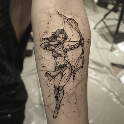 Flat tattoo sketch of Artemis with a bow composed of celestial constellations