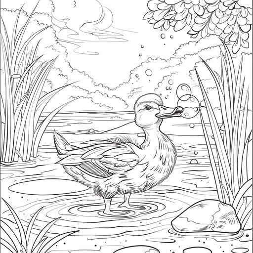 A playful duck blowing bubbles in a calm pond
