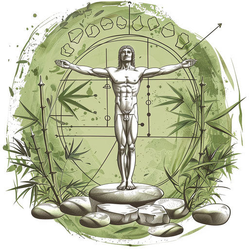 The Vitruvian Man in a zen garden with minimalist elements